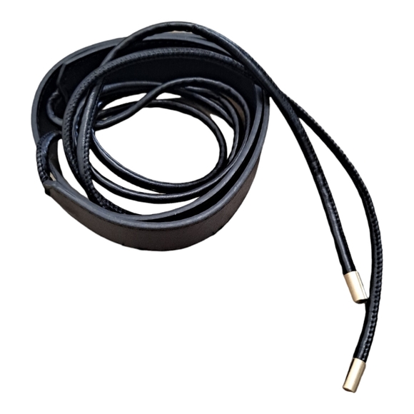 Skinny black boho faux leather waist Obi self tie vegan wrap statement belt - Picture 9 of 15